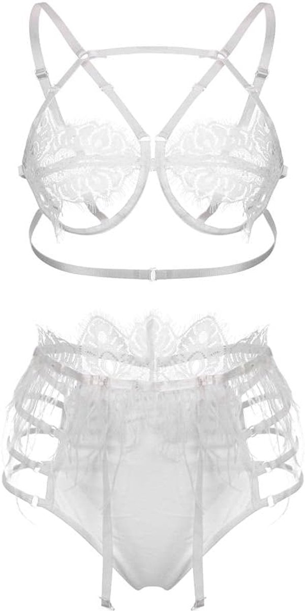 Vrouwen Mesh Sexy Lingerie Transparante Enhancement Bra Kousenband Wit Ondergoed Vrouwelijke Lingerie Set-B_XL