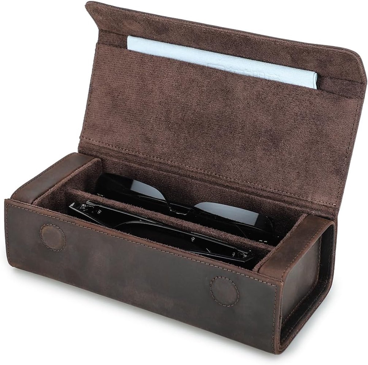 Lederen brillendoos opslag voor mannen/vrouwen, 2/4 zonnebrilhouder reisetui brillen brillen organizer met microvezelvoering en reinigingsdoekje sleuf