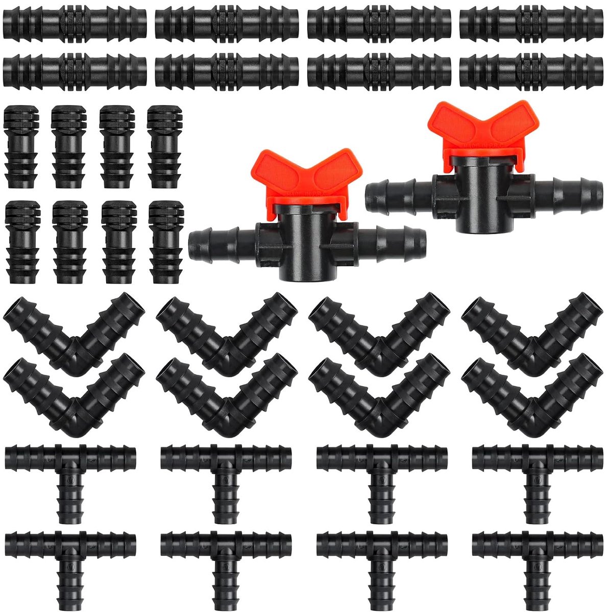 34 stuks irrigatieaansluitingsset voor slangen, slangverbindingen voor 16 mm druppelirrigatiesysteem, 1/2 inch slangconnector voor druppelsproeiers (T-stuks/bogen/rechts/ventielen/spons)