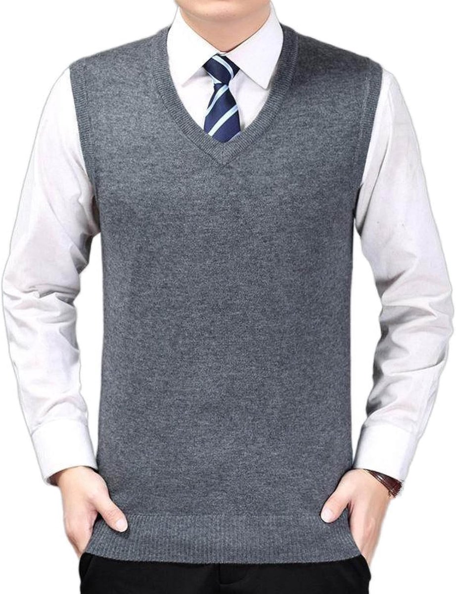 Herfst En Winter Herenvest Met V-Hals Pullover Trui, Jeugd Mouwloos Herenvest Effen Kleur Gebreid Truivest, Klassiek Zakelijk Heren Breigoed Gebreid Vest Trui Tanktops, Middengrijs, S