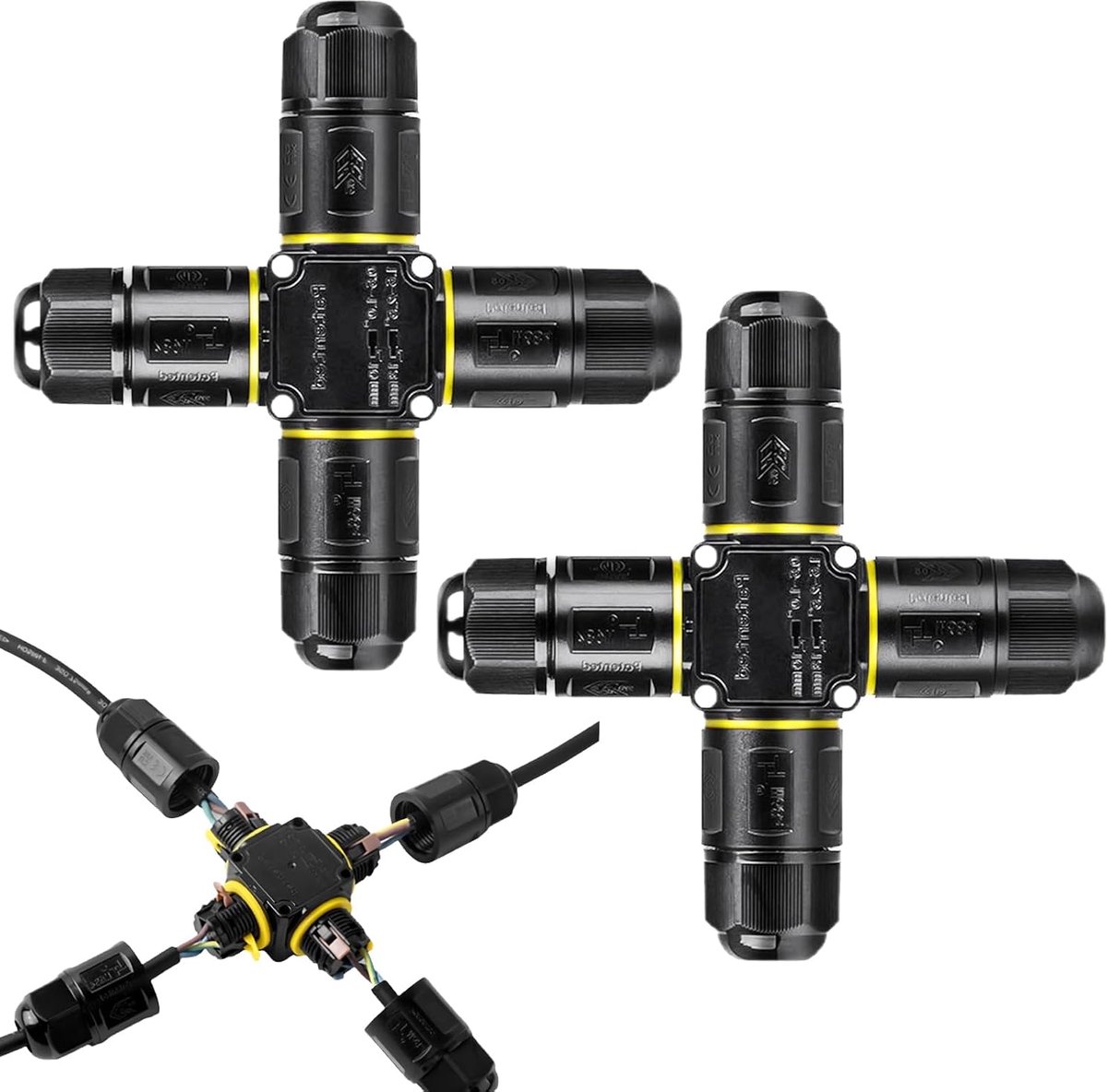 Waterdicht 3-polig, IP68 verbindingsmof aardkabel verdeeldoos 4-weg voor Ø4-12mm kabeldiameter, kabelmof verbindingsdoos aftakdoos buiten waterdicht, 2 stuks zwart