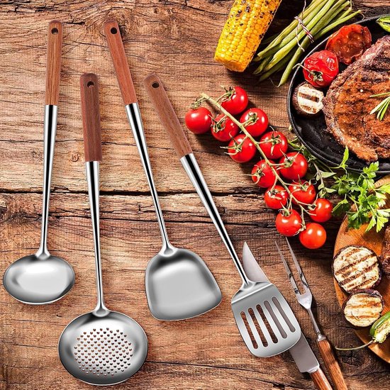 Roestvrij stalen wok spatel keuken sleuf omkeerbare schep gereedschap gebruiksvoorwerpen set — afbeelding 5