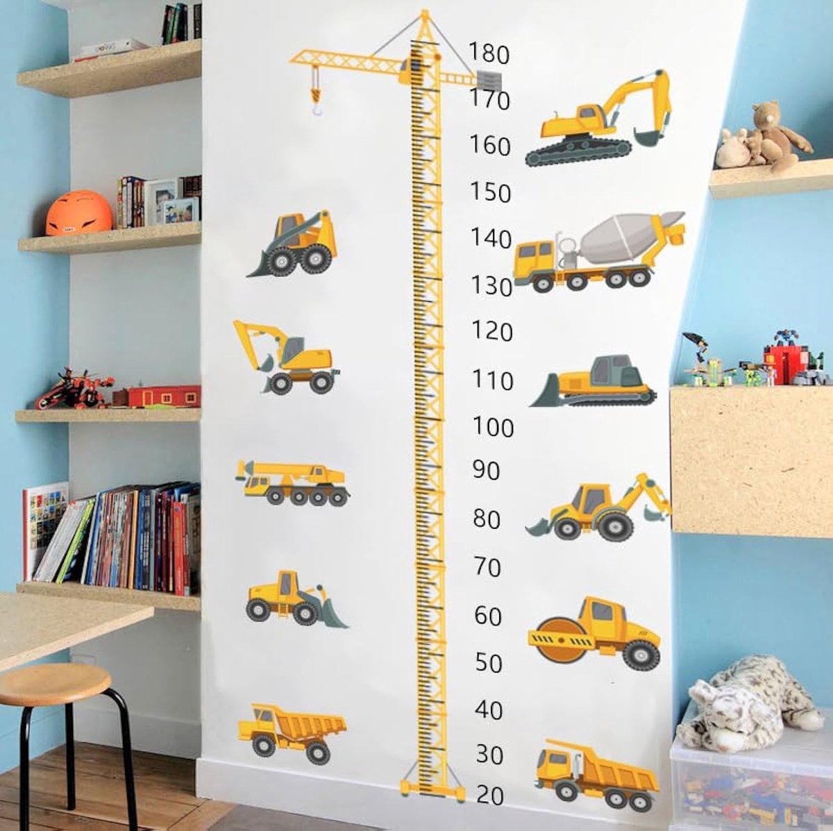 Muursticker Kinderkamer Vrachtwagen Bouwvoertuig Engineering Groei Diagram Muurtattoo Meetboom Lichaamsgrootte Meten (Bouwvoertuig)