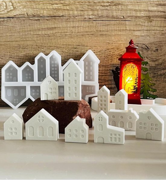 Gietvormen huizen, siliconen gietvorm, mini-huizen, 10 vormen om uit te gieten met gips, creatief beton, was, gietpoeder, gietvorm brandproduct — afbeelding 2