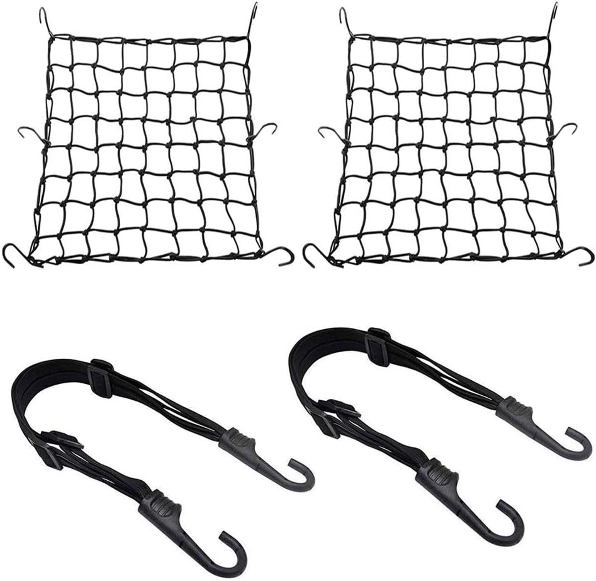 2 stuks bagagenet voor fiets, motorfiets, 2 stuks bagagespanners met haken, helmnet met haken, spannet, elastische bagageband