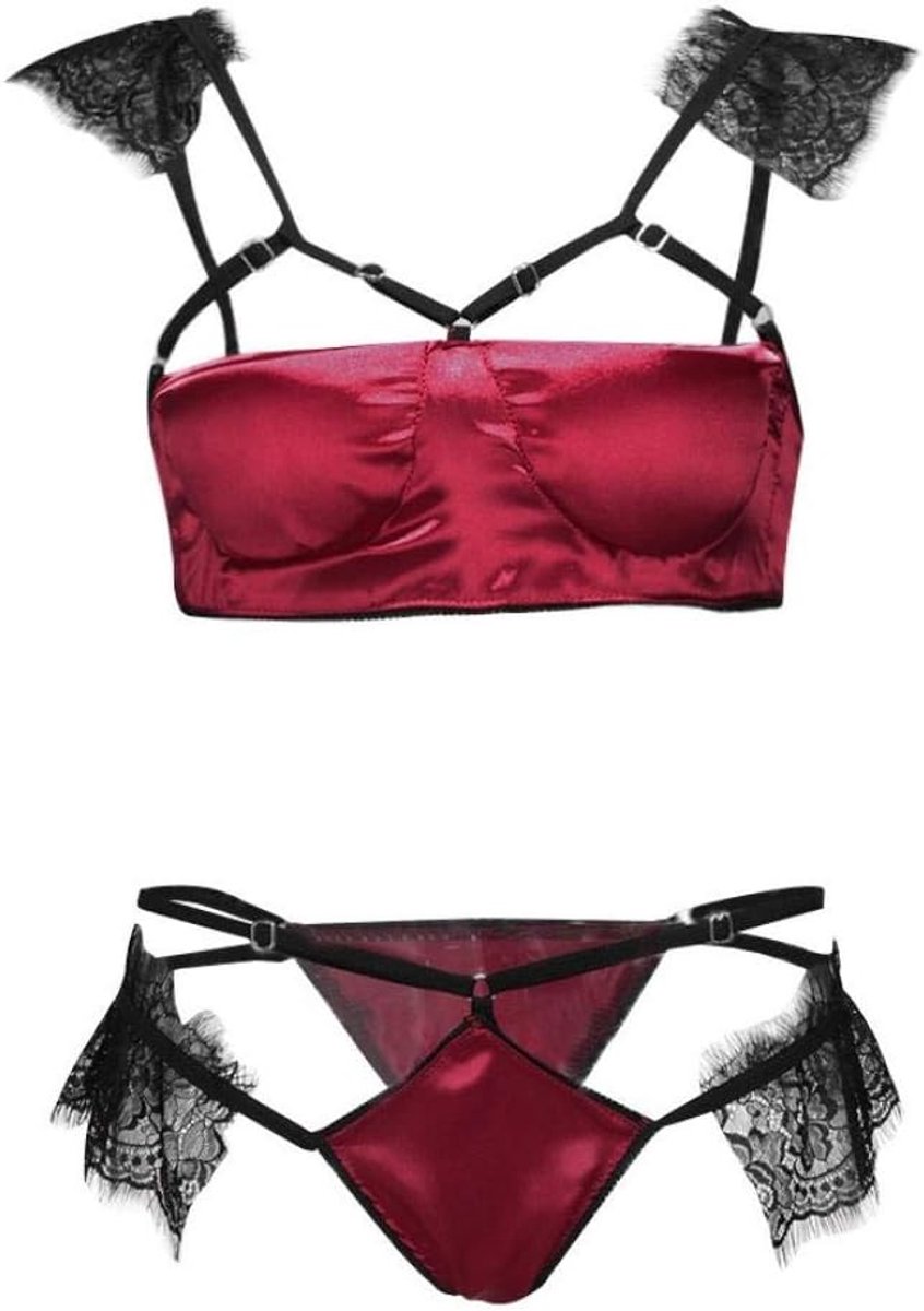 Dames Erotische Lingerie Vrouwen Sexy Kostuum Open Bh String Ondergoed Satijnen Nachtkleding Set-Wine_M