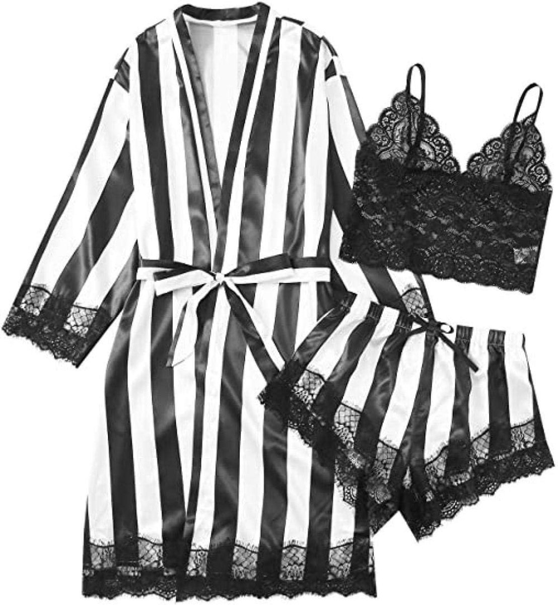 Lingerie Dameslingerie Sexy set kanten Kimono nachtkledingDames Sexy Lingerie Set Satijn Zijde Gestreepte Badjas Pyjama Kant Transparant Corset Top Erotic-black_M