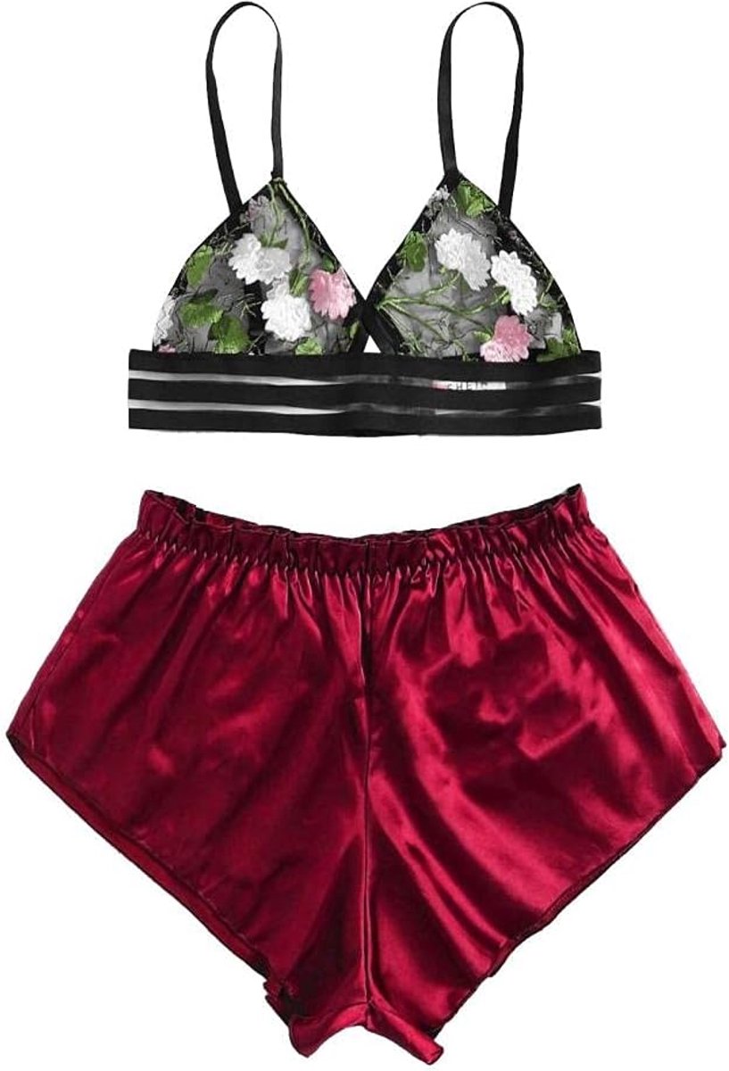 Sets met nachtmode & ochtendjas Vrouwen Sexy Ondergoed Erotische Lingerie Satijnen Kant Porno Bh Slips Nachtkleding Borduurwerk Perspectief Costume-Red_3XL