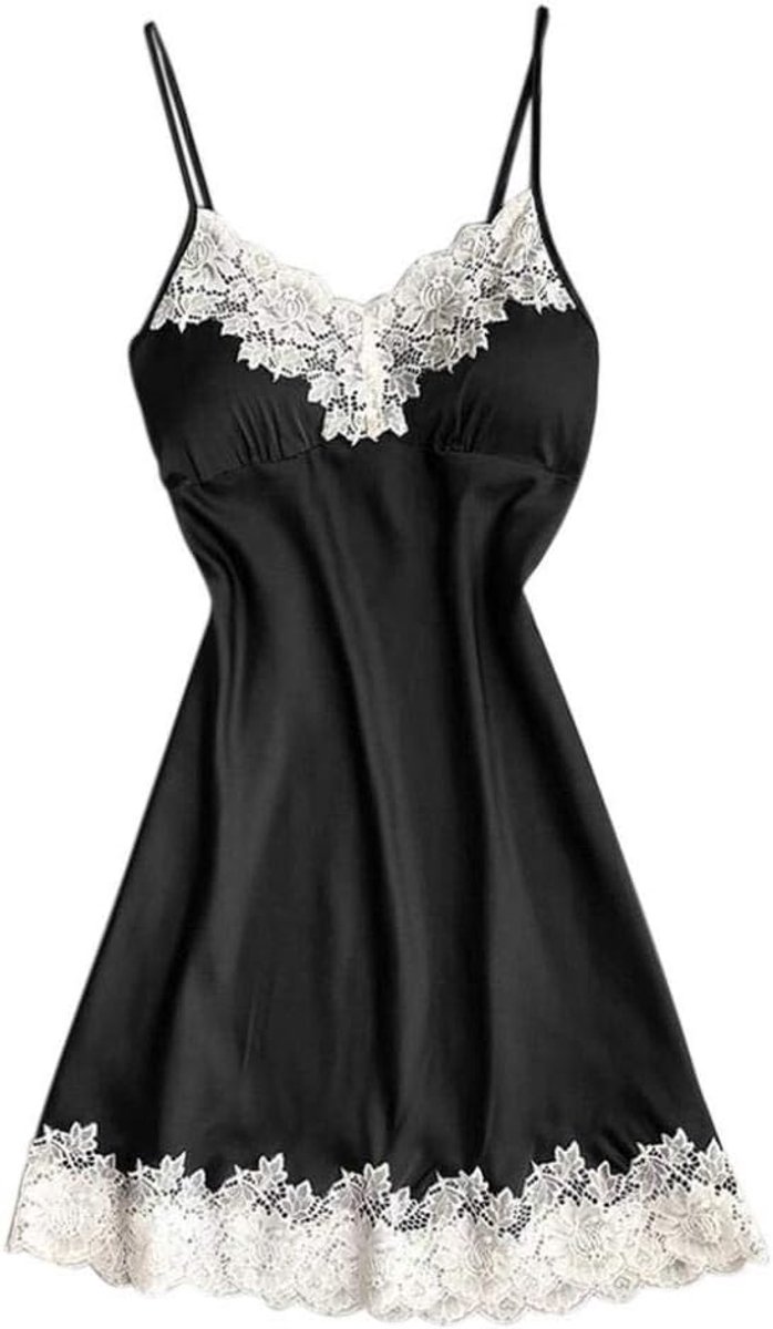 Lingerie voor dames V-hals transparante lingerie met jarretelgordel lingerie bodysuitKanten V-hals Nachthemd Sexy Lingerie Nachthemden Nachtkleding Nachtjurk Dames Mouwloos Nachtkleding-Black_L