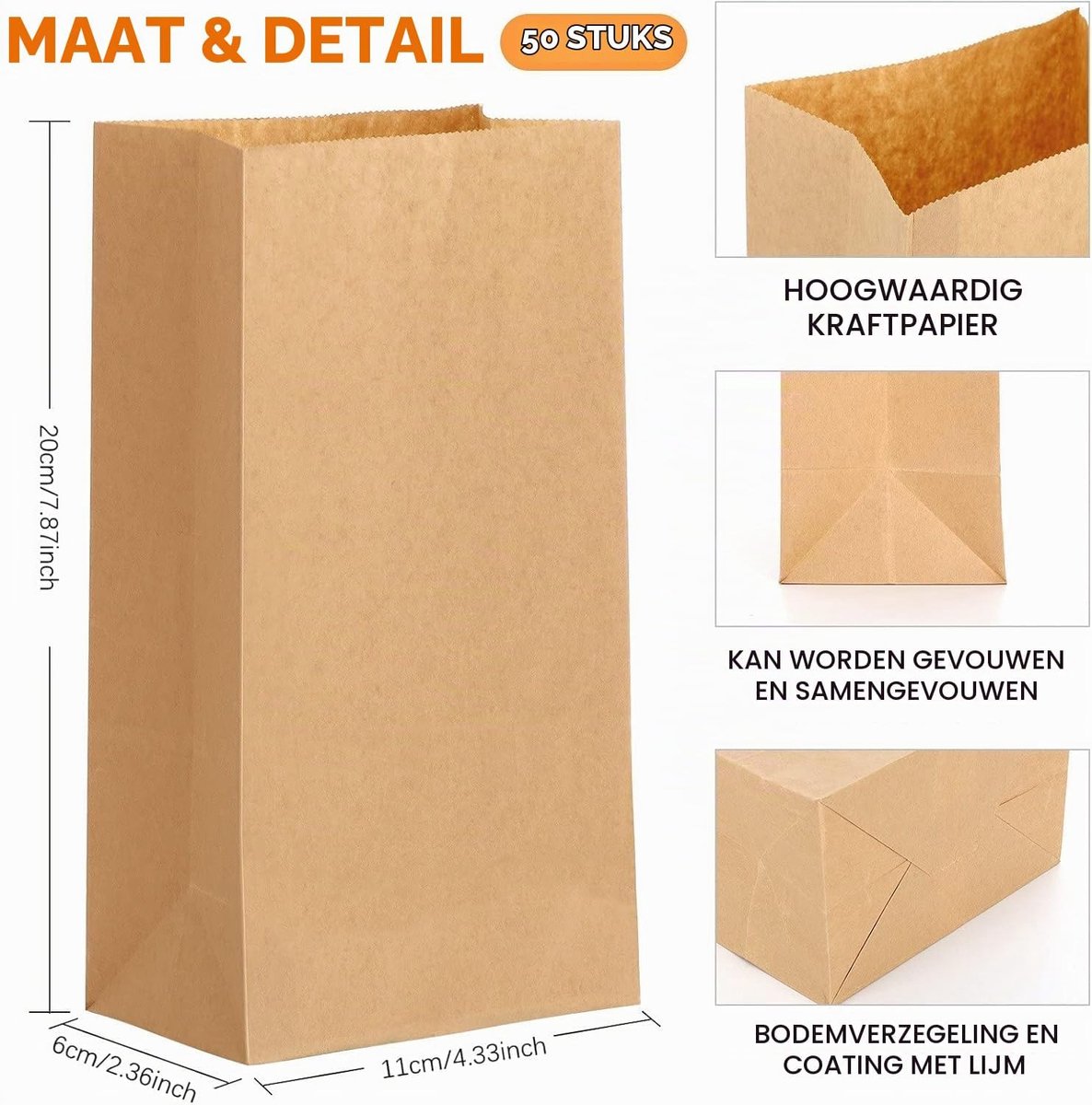 50 stuks Krafttas Papieren Zak 30,5x20x12,5 cm Papieren Boterbroodzakjes, Kleine Cadeautjes en Zelfgemaakte Zakken