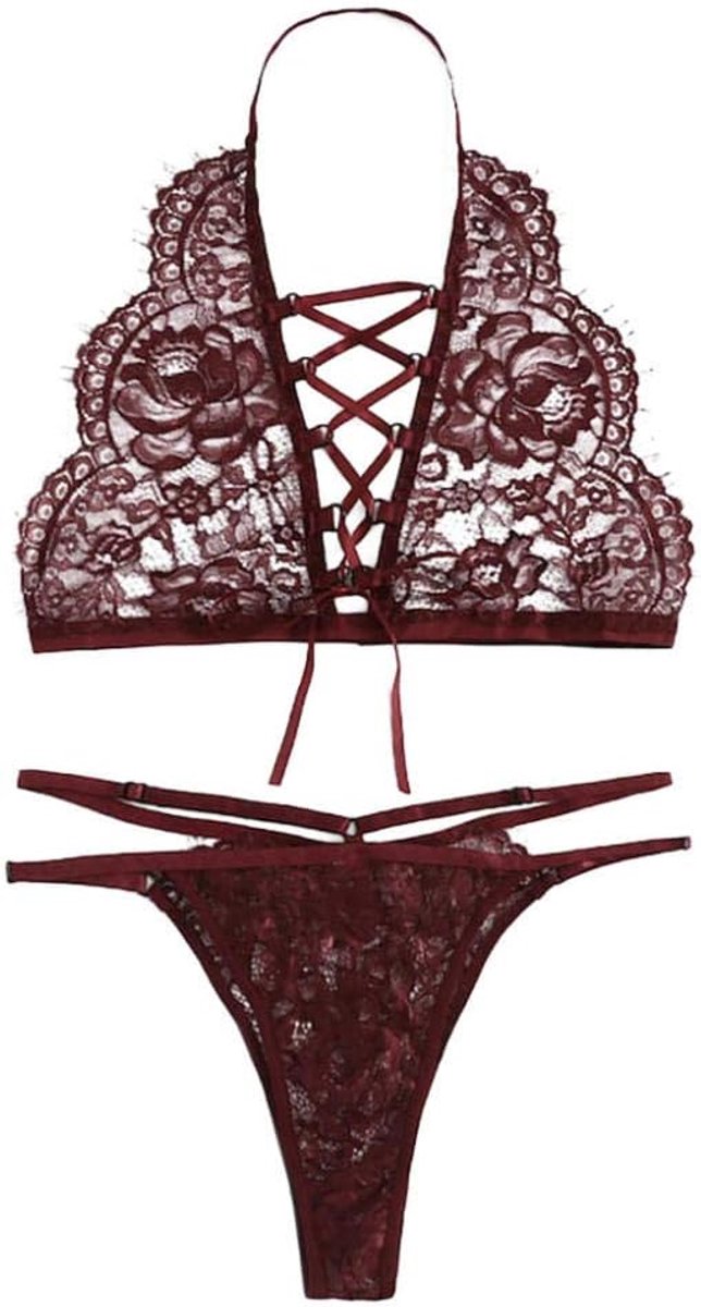 Vrouwen Lace Sexy Lingerie Bh Sets G-string Nachtkleding Nachthemd Ondergoed-Red_S