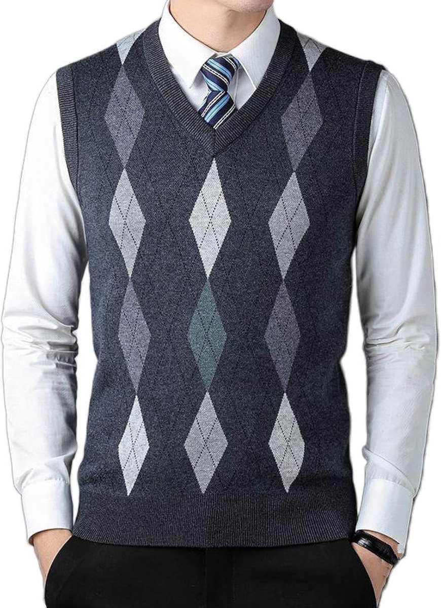 Argyle V-Hals Mouwloze Trui Trui, Herfst En Winter Heren Gebreide Trui Vest, Middelbare Leeftijd Kleur Bijpassende Verdikte Casual Heren Gebreide Trui Tanktops,Donkergrijs,S