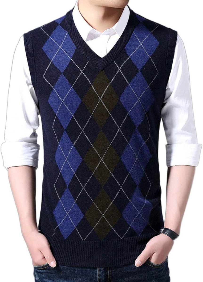 Argyle V-Hals Mouwloze Trui Trui, Herfst En Winter Heren Gebreide Trui Vest, Middelbare Leeftijd Kleur Bijpassende Verdikte Casual Heren Gebreide Trui Tanktops, Marineblauw, S