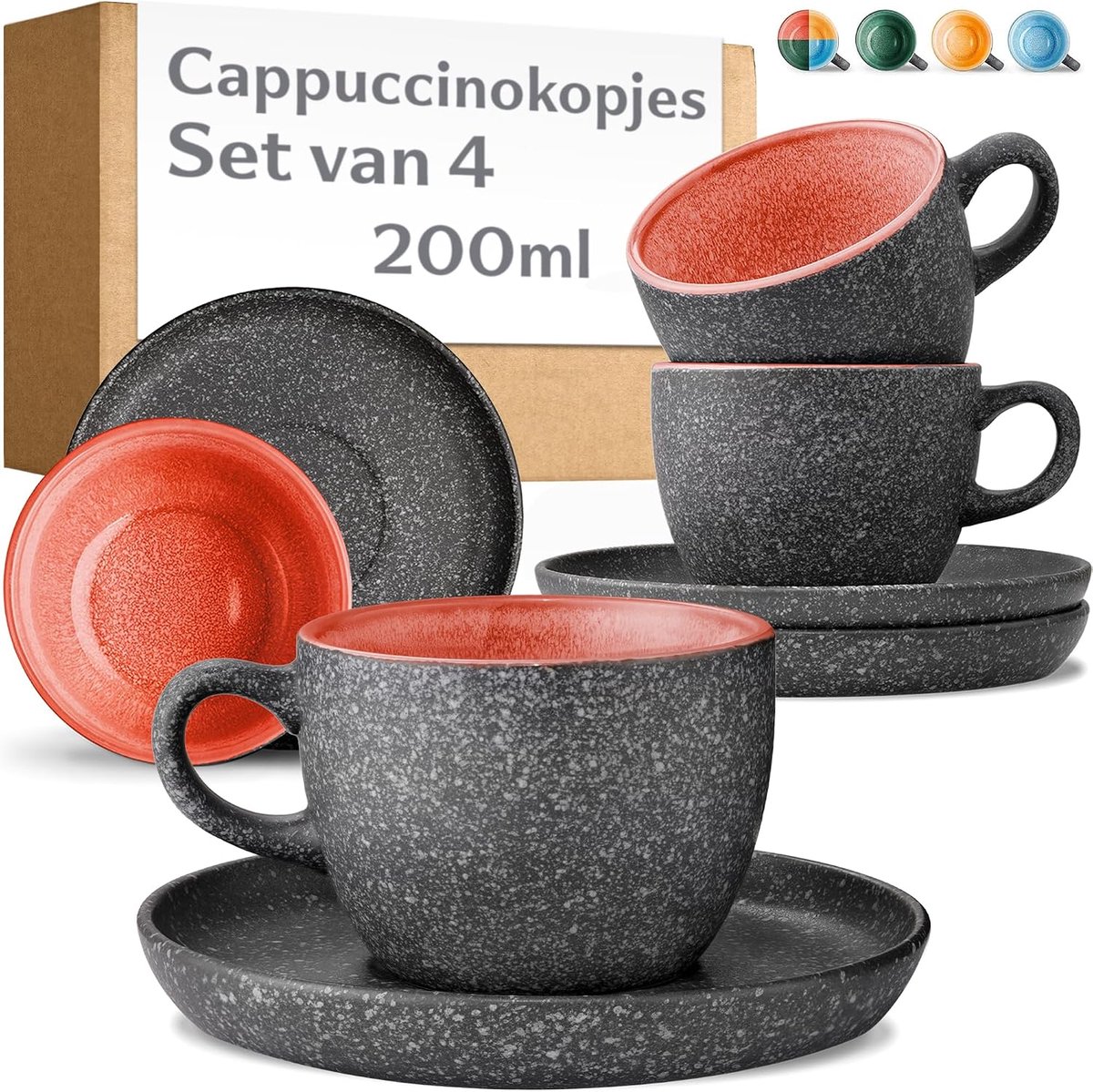 Cappuccinokopjes Met Onderzetters - Set van 4-200 ml Koffiekopjes van Keramiek -Gemaakt van Aardewerk met Handgemaakt, Reactief Glazuur - Houdt Lang Warm (Rood)