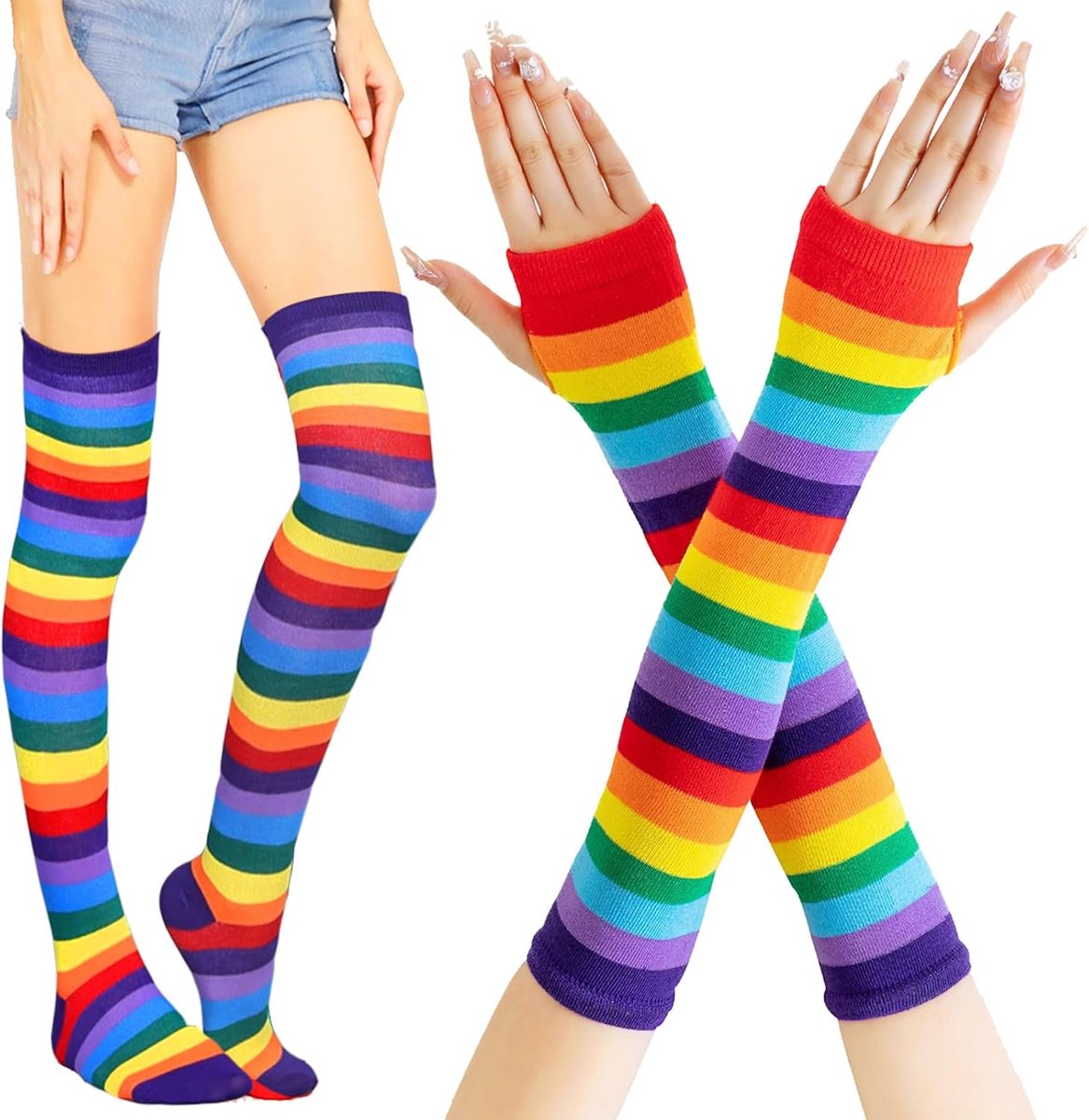 Regenboogkousen voor dames en meisjes, sokken, lange sokken, volleybalsokken, sportsokken met vingerloze handschoenen, set voor feest, Halloween kostuums