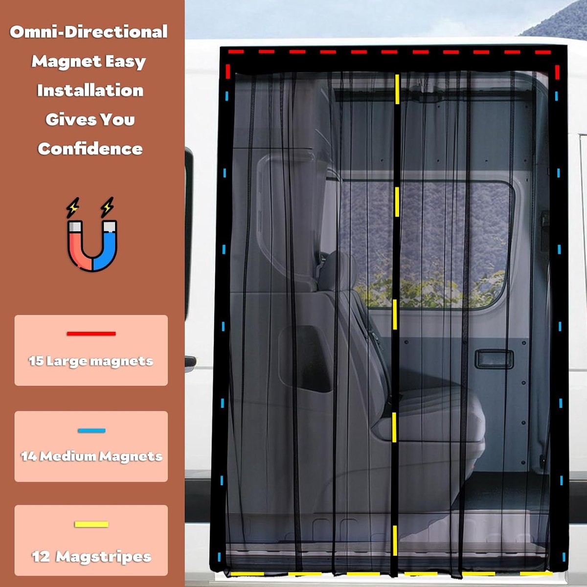 Vliegenhor voor de auto, universele magneten, muggennet, magneetsluiting, camper, zijdeur/kofferbak, camping, ventilatie, muggennet, 180 x 150 cm