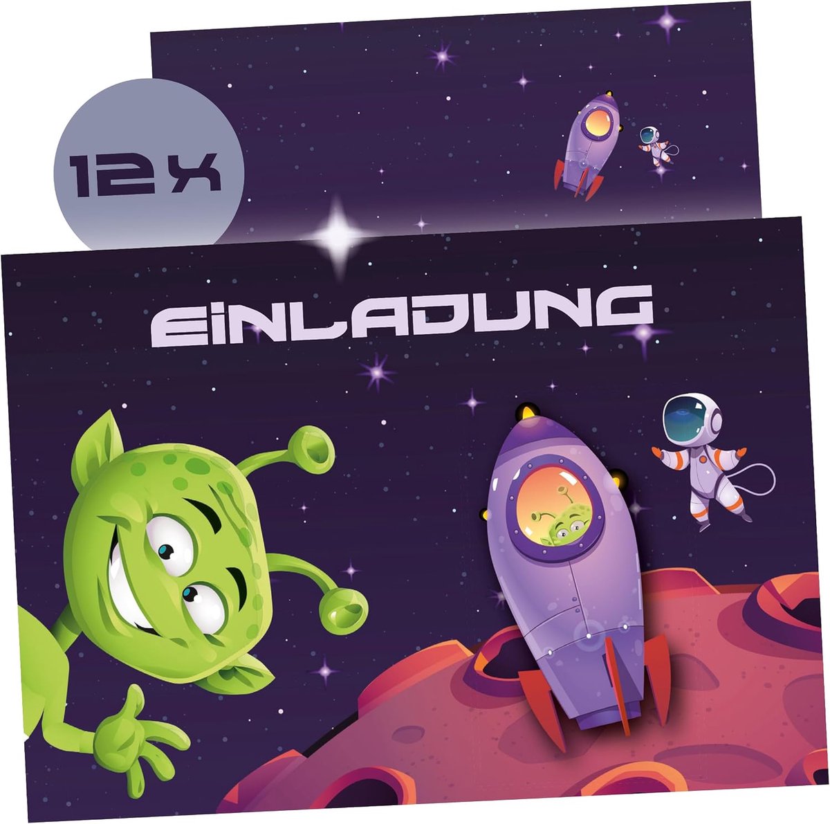 Heelal, Alien, grappige uitnodigingskaarten voor kinderen, verjaardag en feest, uitnodigingen voor kinderverjaardag jongens, 12 kaarten + 12 bedrukte enveloppen