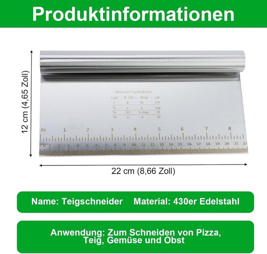 Deegsnijder groot met meetschaal, 22 x 12 cm deegschraper, deegkaart, deegspatel, schraper, taartschraper voor cake, cake, pizza, taart, dongh, bakgerei vaatwasmachinebestendig — afbeelding 2
