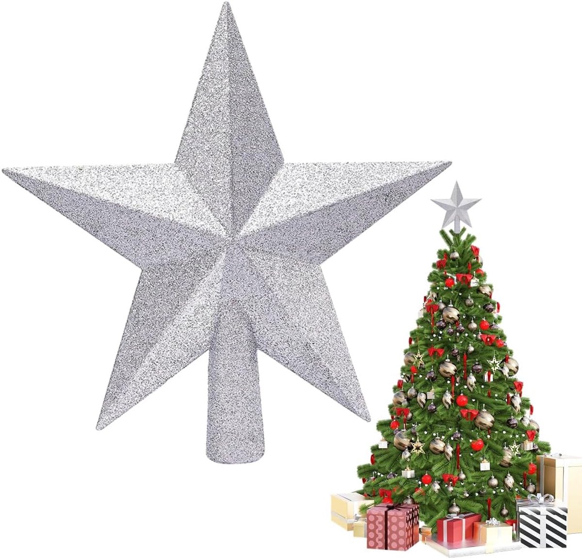 Kerstboomtop, glitter boom ster kerstdecoratie, glitter kerstboomtop, kerstboom ster, versiering voor Kerstmis feest thuis, 20 cm, zilver