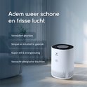 Witte Vibrix luchtreiniger op een houten vloer in een woonkamer.