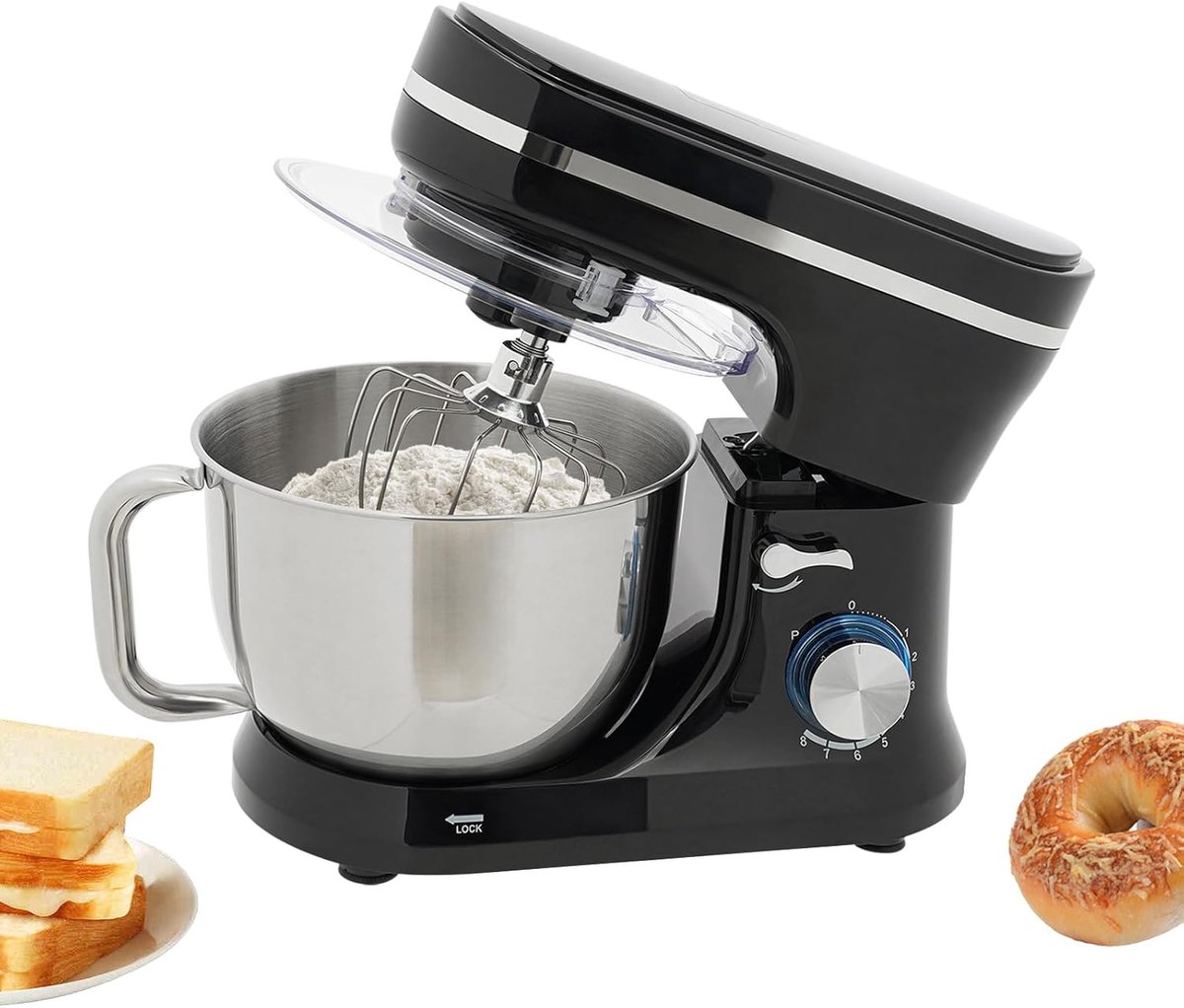 Keukenmixer, 4,5 l, roestvrijstalen mengkom, 1000 W, multifunctionele keukenmixer met 8 + 1 snelheden, kneedhaken, garde en spatbescherming voor brood, cake en meer