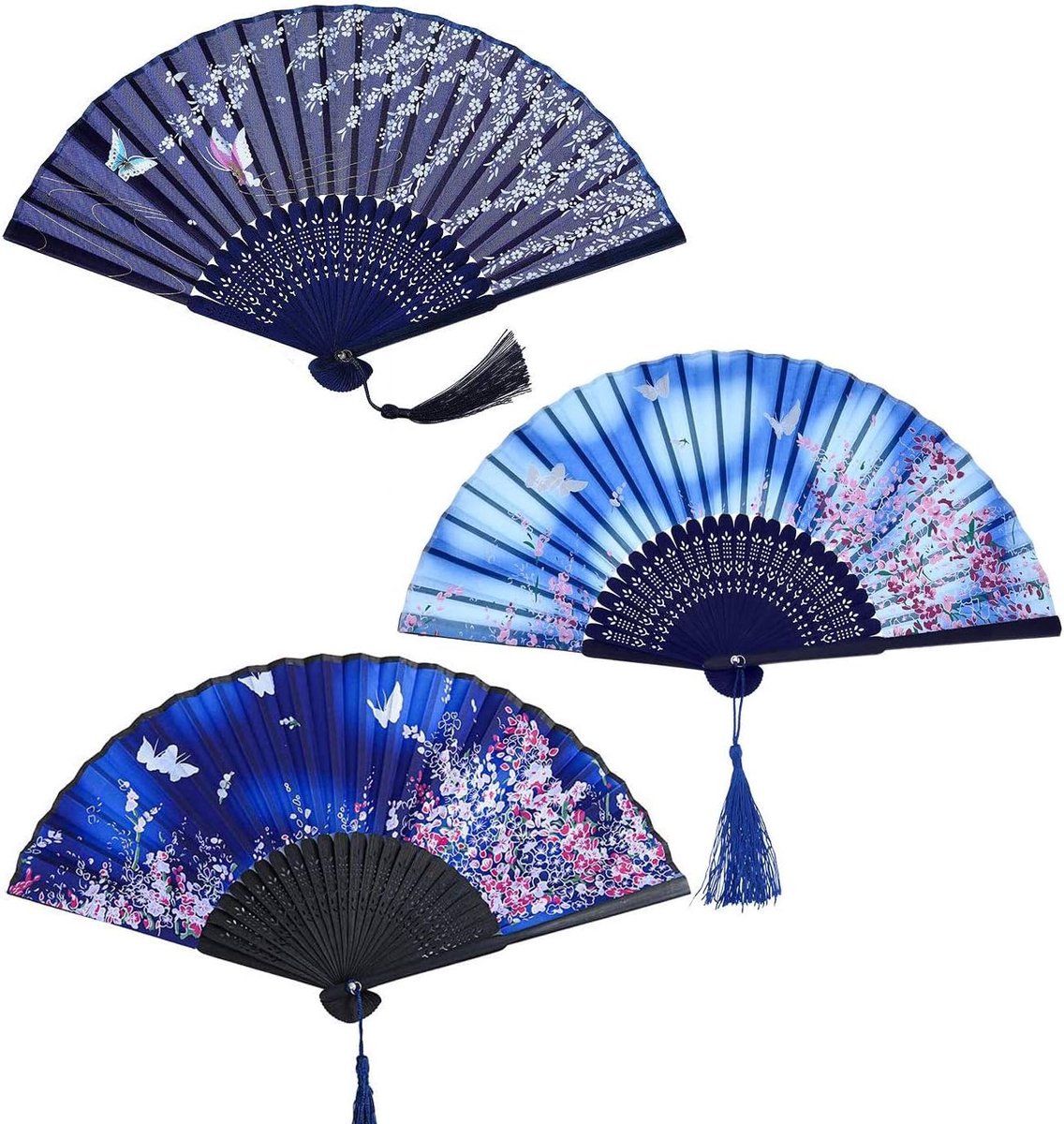 3 stuks opvouwbare ventilatoren, bamboewaaiers, zijden vouwventilatoren met kwastjes, zakventilatoren, Japanse dansfans voor wanddecoratie, huwelijkscadeau