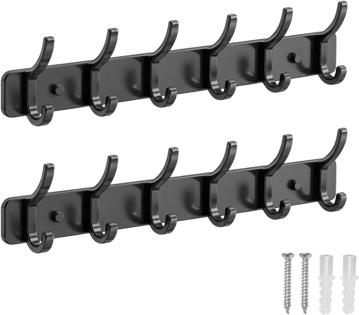 2 stuks kledinghaken muur met 6 haken, kledinghaken, voor badkamer en keuken, geschikt voor jassen, hoeden, jassen en tassen (zwart)