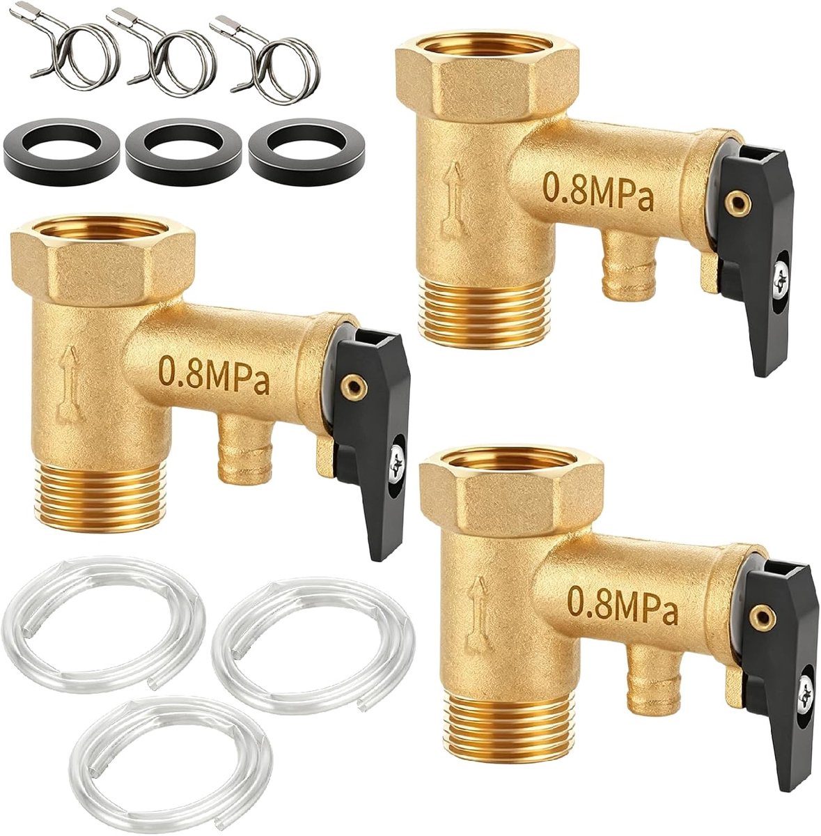 3 stuks 1/2 inch veiligheidsventiel: 0,8 MPa messing veiligheidsventiel met 1M geleidingsbuis en pakking, 1/2 inch binnendraad x 1/2 inch buitendraad veiligheidsventiel voor boiler