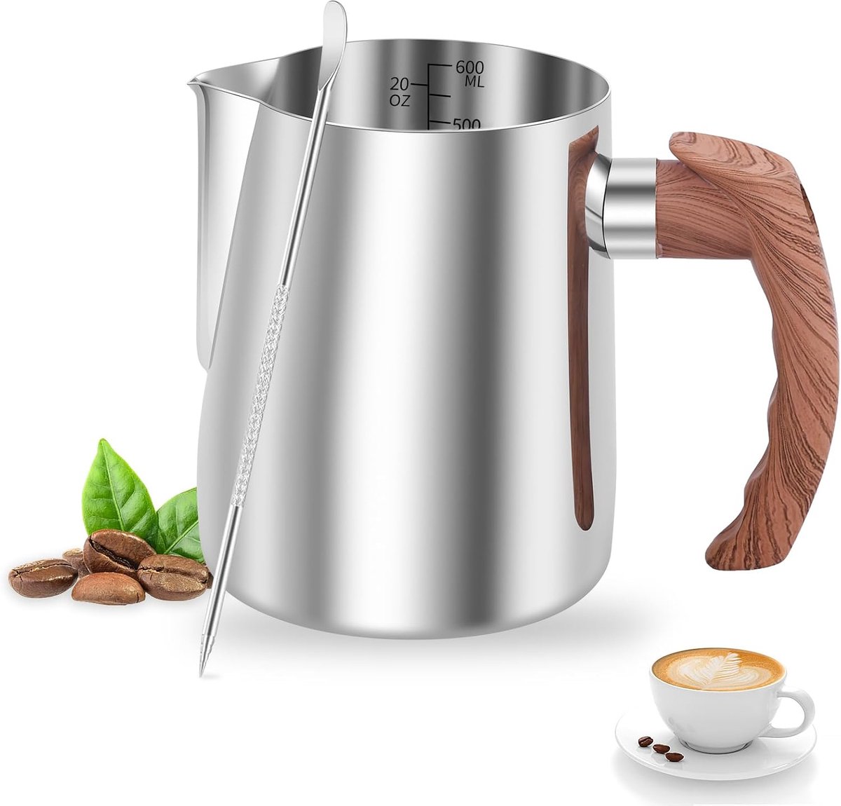 600 ml melkkannetje roestvrij staal met houten handvat in houtlook, latte art kan (zilver, 600 ml)