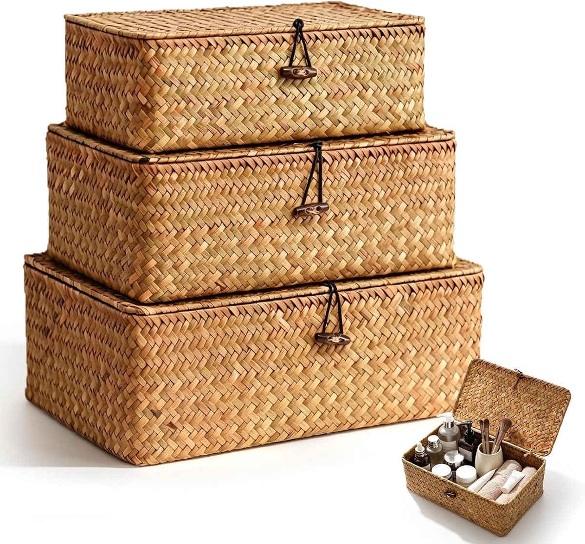 3 stuks opbergmanden met deksel, rechthoekig, gevlochten, natuurlijke rotanlook, opbergmand voor kleding, make-up, boeken, snacks (23 x 13 x 8 cm, 26 x 16 x 10 cm, 29 x 19 x 12 cm)