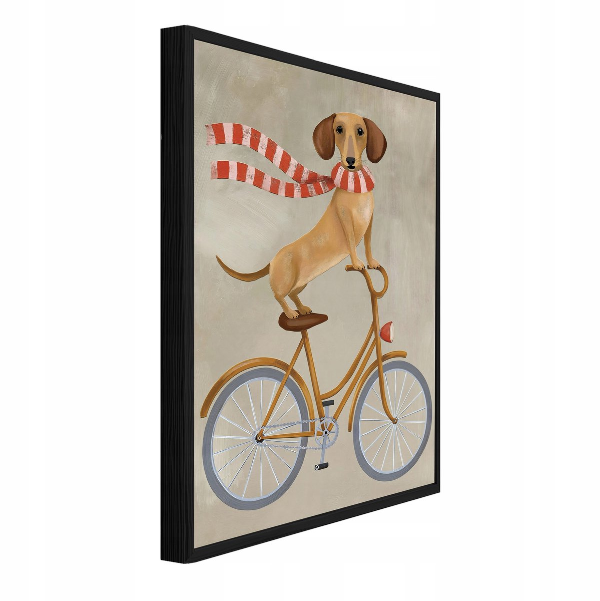 WALLARENA Schilderij met reliëf 90x60 cm - zwarte lijst - teckel op een fiets - woonkamer en slaapkamer Beige