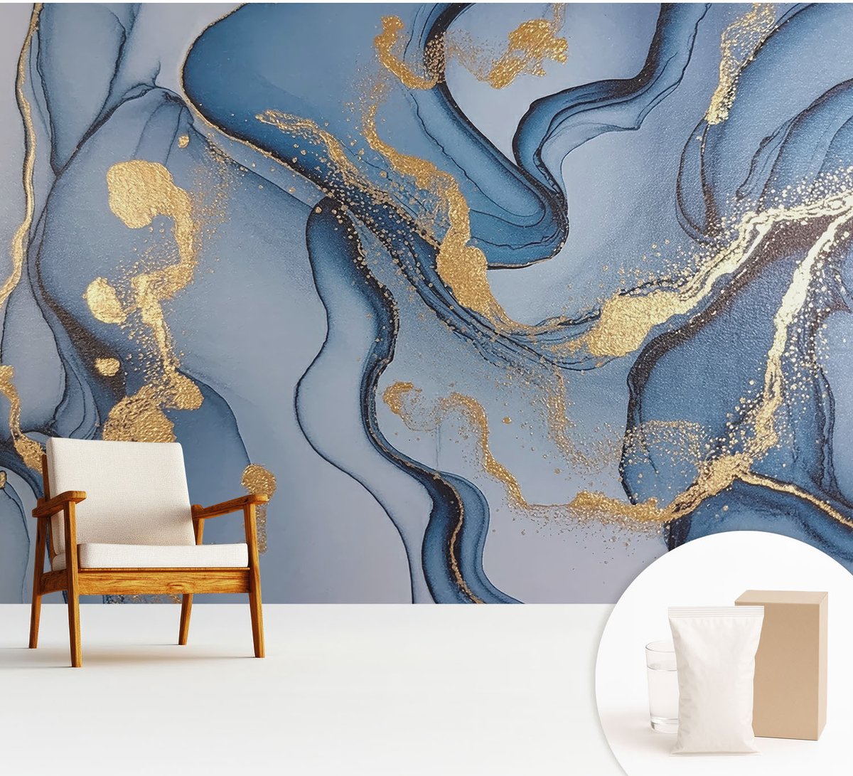 Wallfluent Fotobehang - Blauw Vliesbehang - 312x219 cm - Blauwe Golven Muurschildering - Slaapkamer behang Abstractie - Fotobehang Vlies - Slaapkamer behang