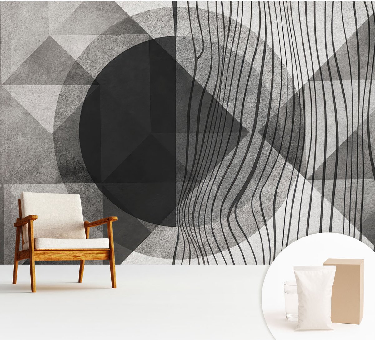 Wallfluent Fotobehang - Zwart-Wit Vliesbehang - 312x219 cm - Abstracte Vormen Fotobehang Vlies - Hal behang Abstractie - Muurschildering - Woonkamer behang