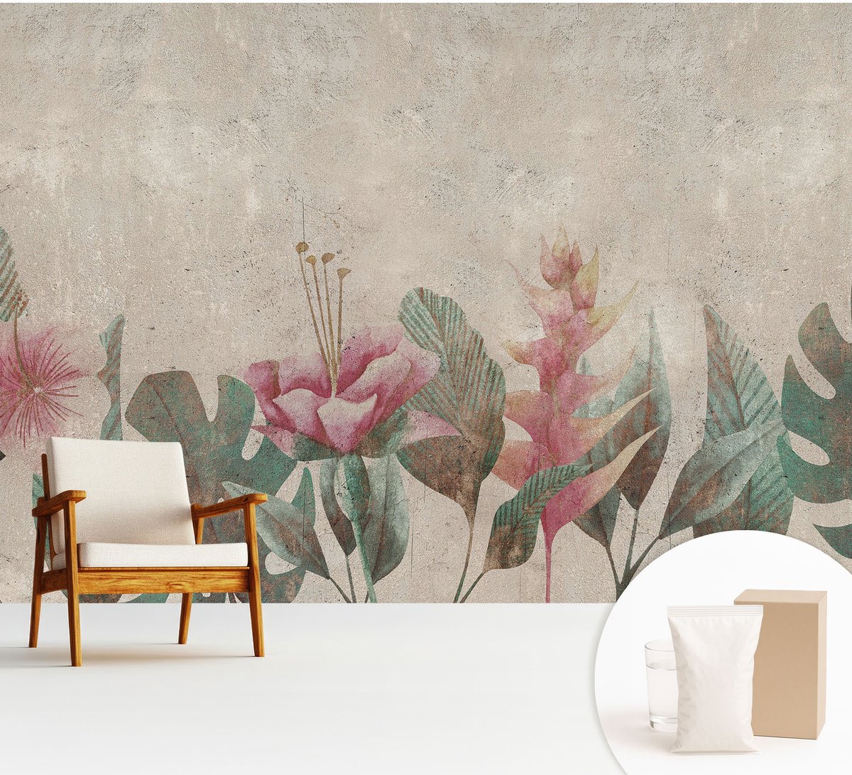Wallfluent Fotobehang - Beige Vliesbehang - 312x219 cm - Subtiele Flora Muurschildering - Slaapkamer behang Bloemen En Planten - Fotobehang Vlies - Slaapkamer behang