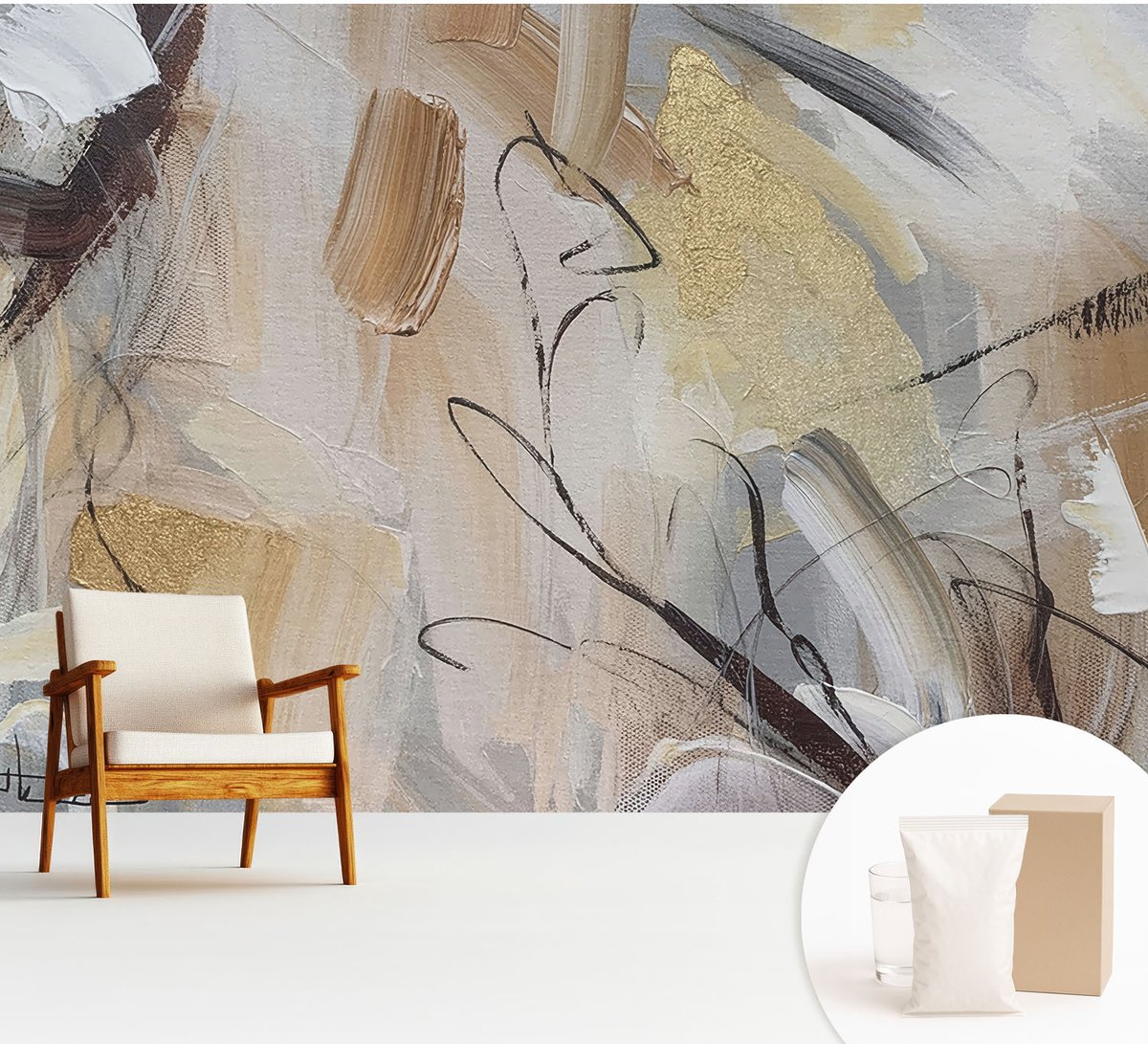 Wallfluent Fotobehang - Beige Vliesbehang - 312x219 cm - Abstracte Compositie Fotobehang Vlies - Woonkamer behang Abstractie - Muurschildering - Hal behang