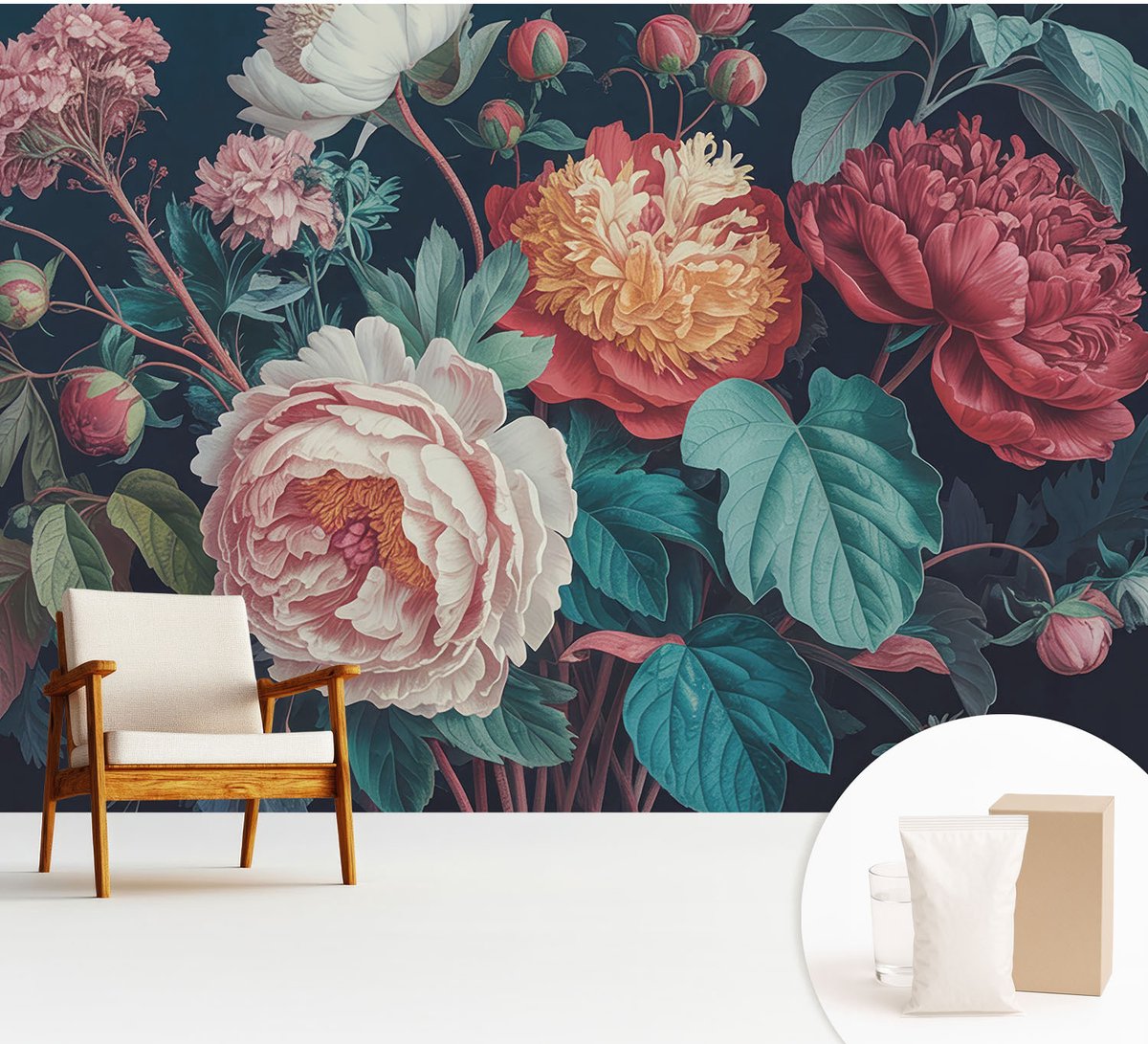 Wallfluent Fotobehang - Wit Vliesbehang - 312x219 cm - Kleurrijke Bloemen Muurschildering - Slaapkamer behang Bloemen En Planten - Fotobehang Vlies - Gang behang