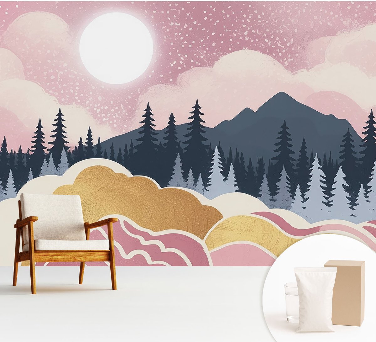 Wallfluent Fotobehang - Roze Vliesbehang - 312x219 cm - Roze Zonsondergang Muurschildering - Slaapkamer behang Landschappen - Fotobehang Vlies - Slaapkamer behang