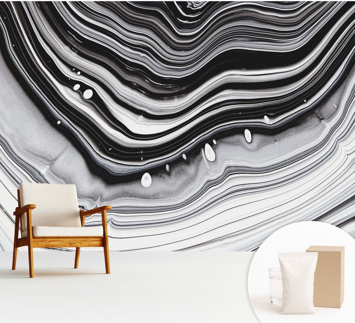 Wallfluent Fotobehang - Zwart-Wit Vliesbehang - 312x219 cm - Optische Golven Muurschildering - Gang behang Achtergronden En Patronen - Fotobehang Vlies - Slaapkamer behang