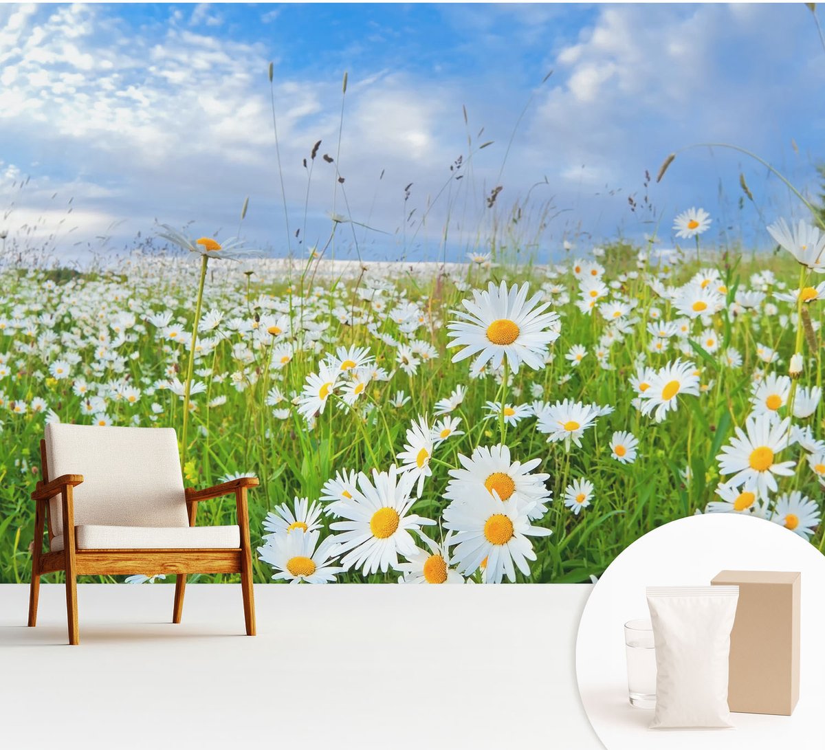 Wallfluent Fotobehang - Wit Vliesbehang - 312x219 cm - Zomerweide Muurschildering - Slaapkamer behang Bloemen En Planten - Fotobehang Vlies - Slaapkamer behang
