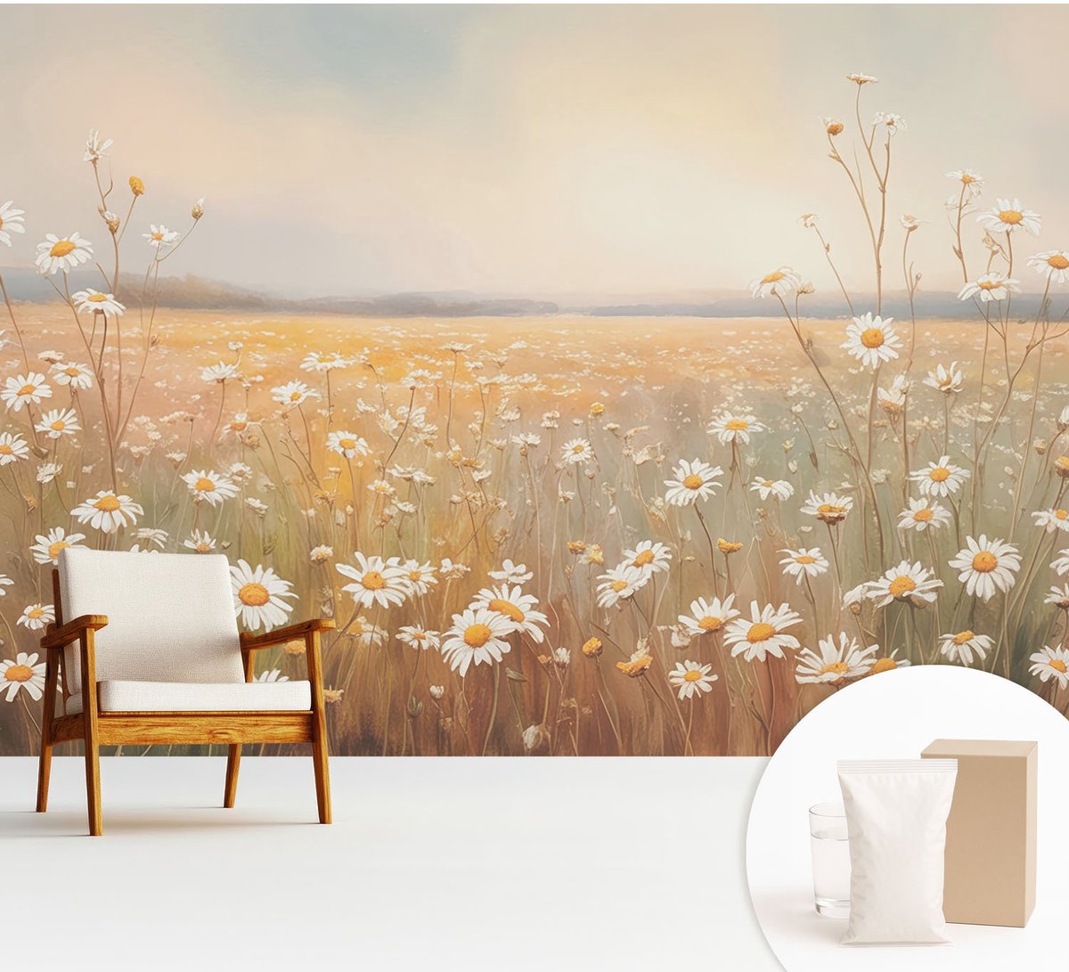 Wallfluent Fotobehang - Wit Vliesbehang - 312x219 cm - Bloemenweide Muurschildering - Slaapkamer behang Bloemen En Planten - Fotobehang Vlies - Slaapkamer behang