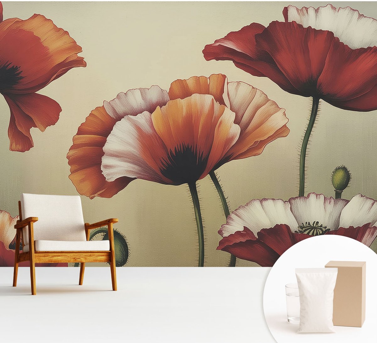 Wallfluent Fotobehang - Oranje Vliesbehang - 312x219 cm - Vrolijke Klaprozen Muurschildering - Gang behang Bloemen En Planten - Fotobehang Vlies - Slaapkamer behang