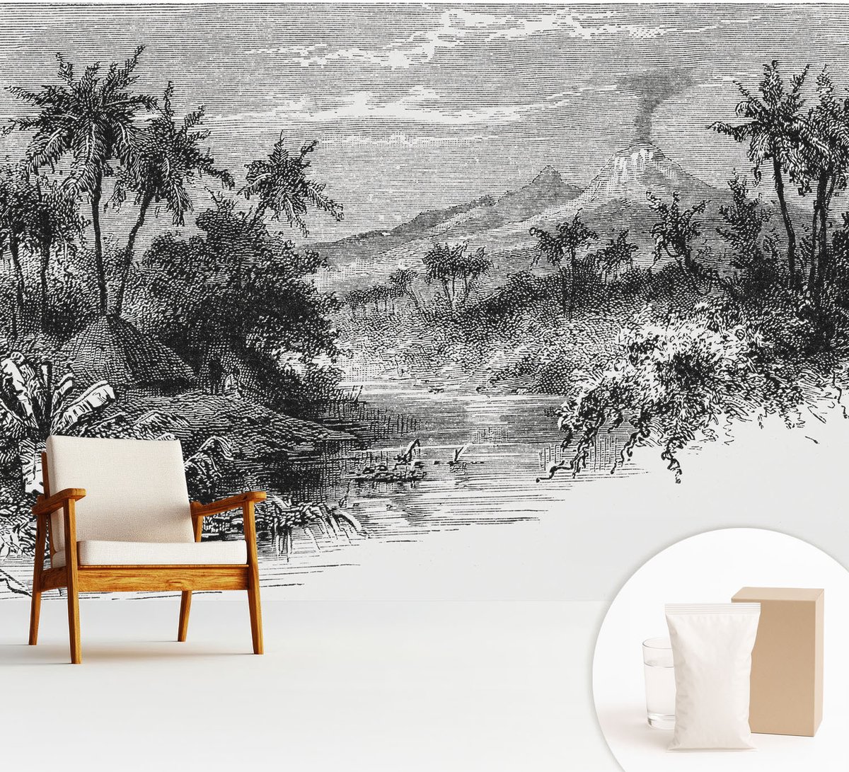Wallfluent Fotobehang - Zwart-Wit Vliesbehang - 312x219 cm - Exotisch Panorama Fotobehang Vlies - Hal behang Landschappen - Muurschildering - Hal behang