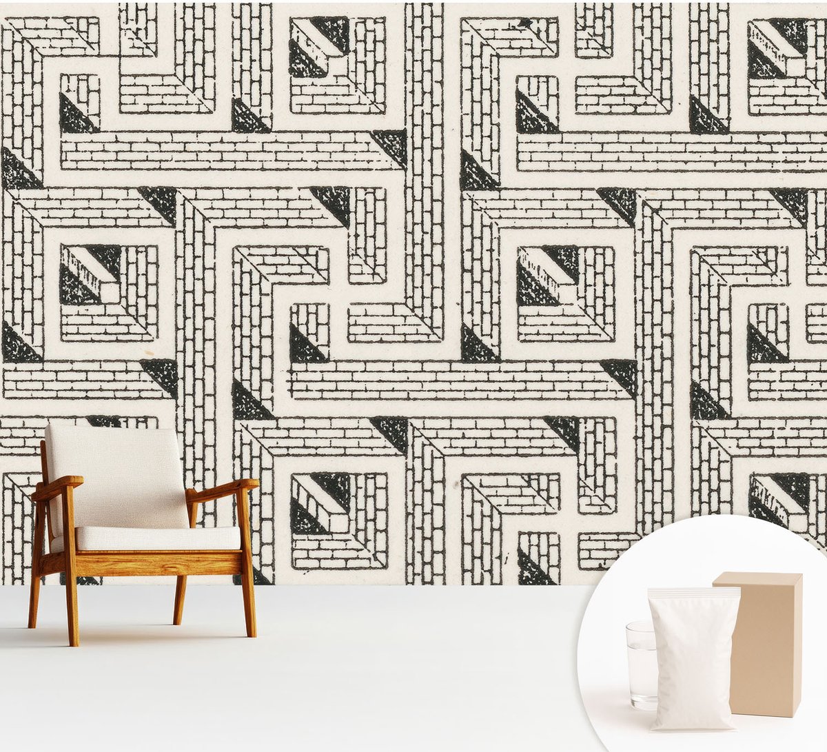 Wallfluent Fotobehang - Zwart-Wit Vliesbehang - 312x219 cm - Bakstenen Doolhof Muurschildering - Slaapkamer behang Geometrie - Fotobehang Vlies - Gang behang