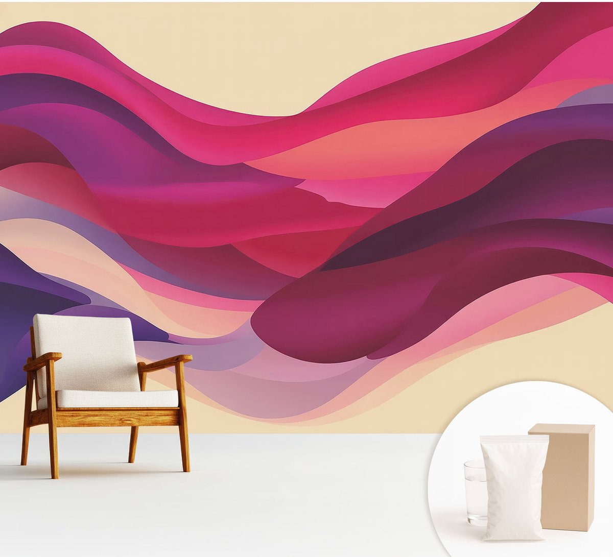 Wallfluent Fotobehang - Roze Vliesbehang - 312x219 cm - Vloeibare Golven Fotobehang Vlies - Woonkamer behang Abstractie - Muurschildering - Woonkamer behang