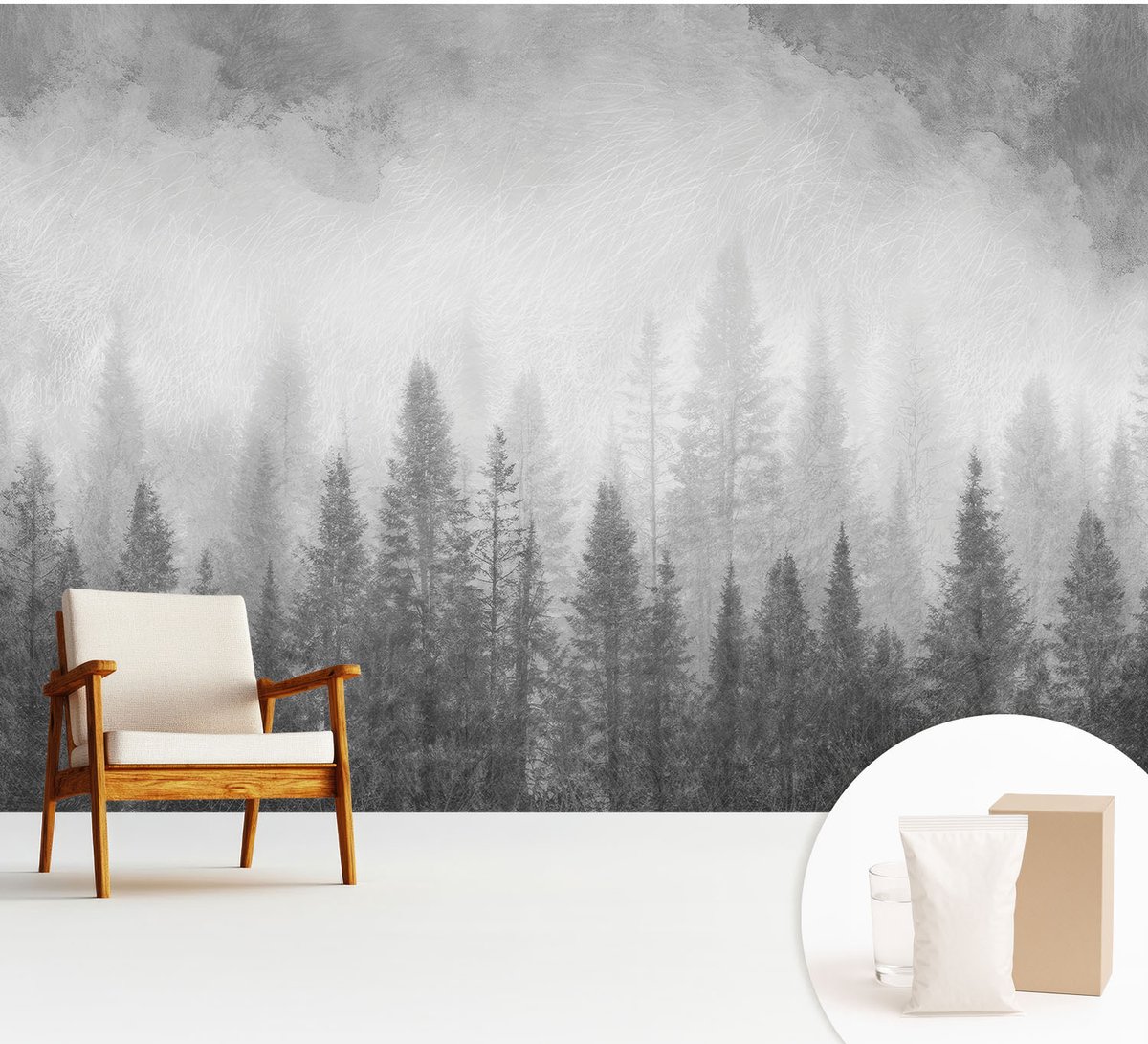 Wallfluent Fotobehang - Zwart-Wit Vliesbehang - 312x219 cm - Bosmist Fotobehang Vlies - Woonkamer behang Landschappen - Muurschildering - Woonkamer behang