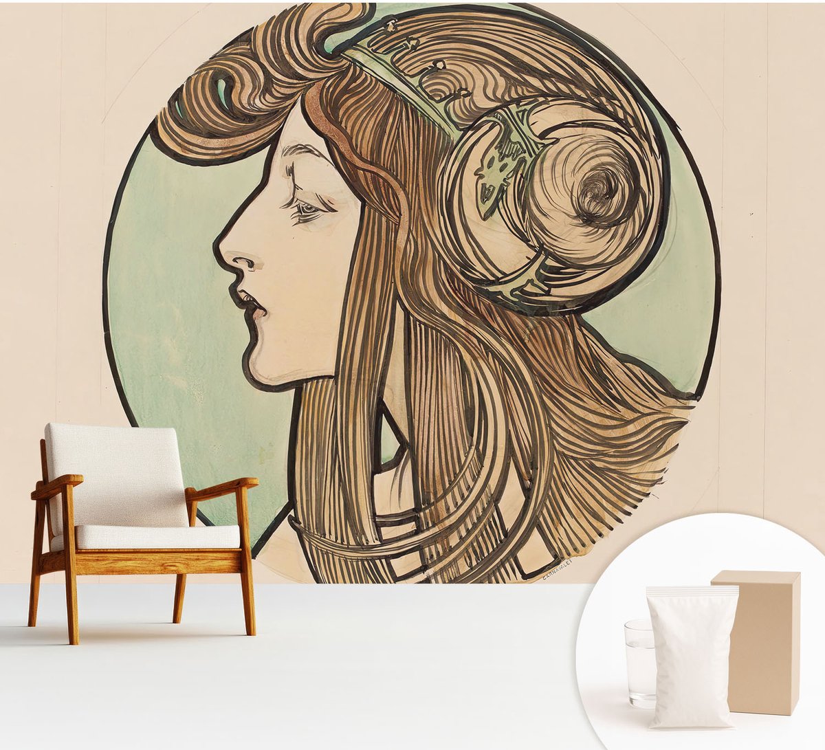 Wallfluent Fotobehang - Beige Vliesbehang - 312x219 cm - Art Nouveau-Portret Muurschildering - Slaapkamer behang Deel - Fotobehang Vlies - Slaapkamer behang