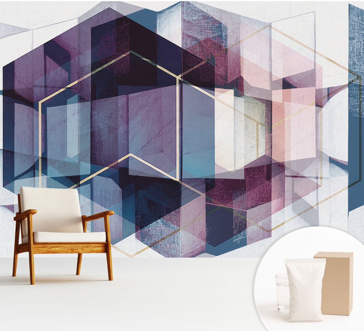 Wallfluent Fotobehang - Marine Vliesbehang - 312x219 cm - Geometrische Kubussen Fotobehang Vlies - Hal behang Abstractie - Muurschildering - Woonkamer behang