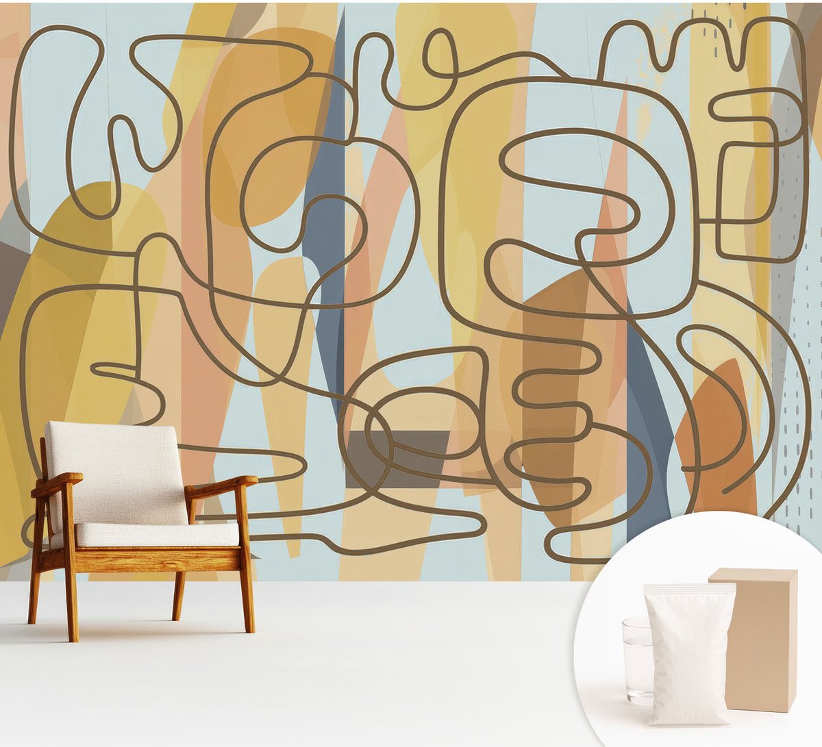 Wallfluent Fotobehang - Geel Vliesbehang - 312x219 cm - Abstracte Vormen Muurschildering - Gang behang Abstractie - Fotobehang Vlies - Slaapkamer behang