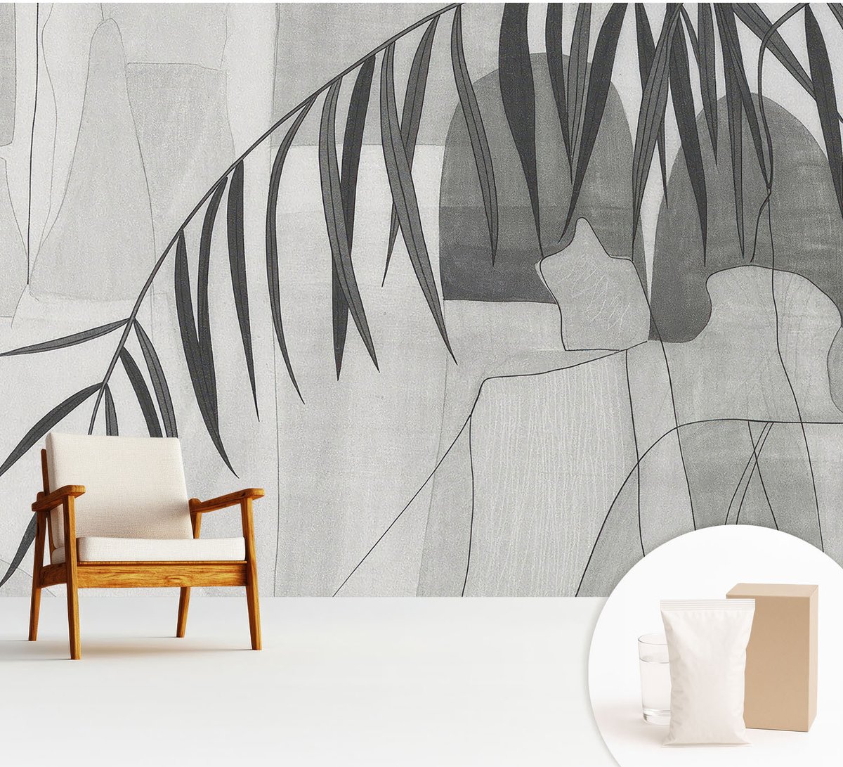 Wallfluent Fotobehang - Wit Vliesbehang - 312x219 cm - Abstracte Palmboom Fotobehang Vlies - Woonkamer behang Abstractie - Muurschildering - Hal behang