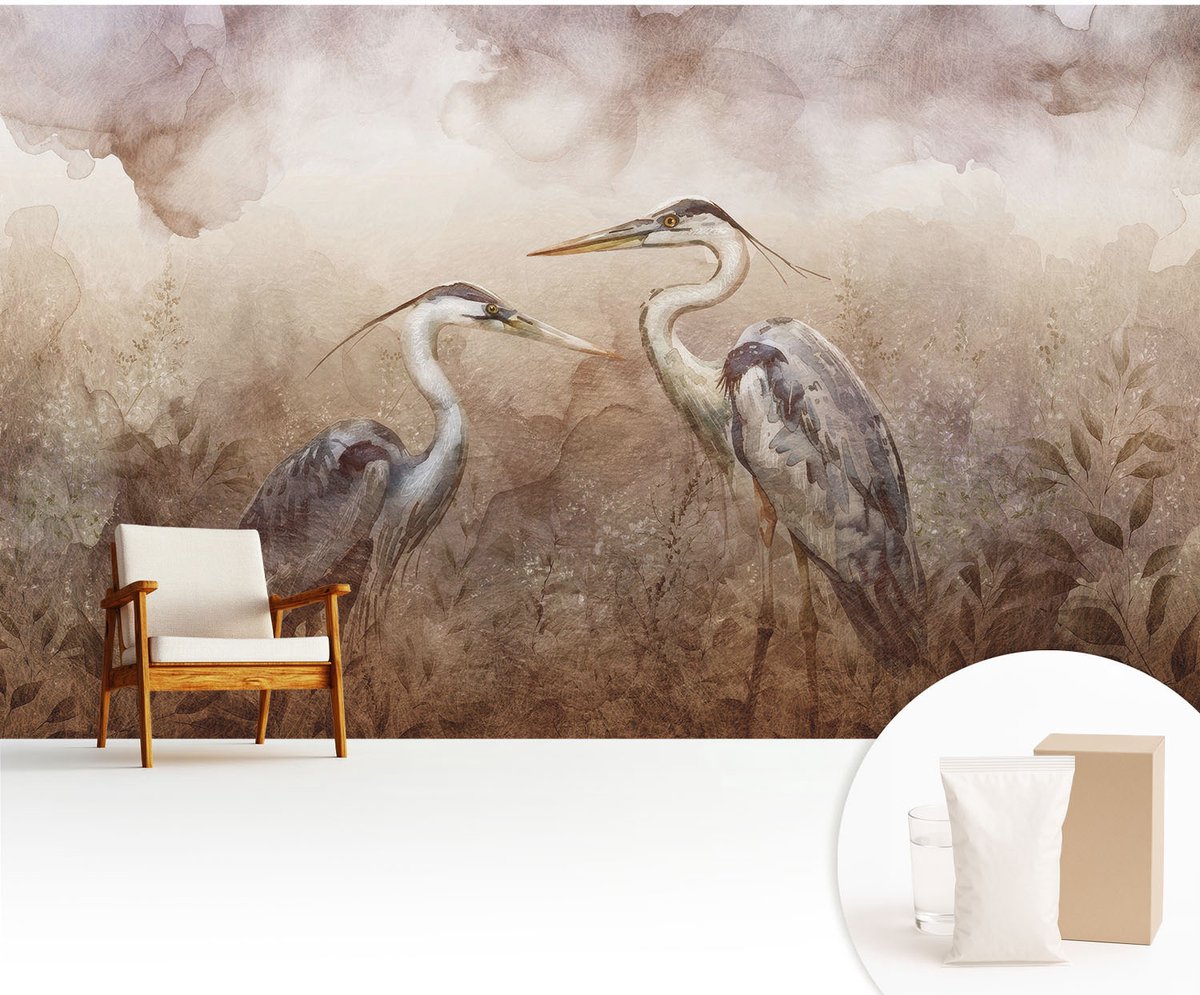 Wallfluent Fotobehang - Bruin Vliesbehang - 416x254 cm - Elegante Vogels Muurschildering - Gang behang Dieren - Fotobehang Vlies - Gang behang